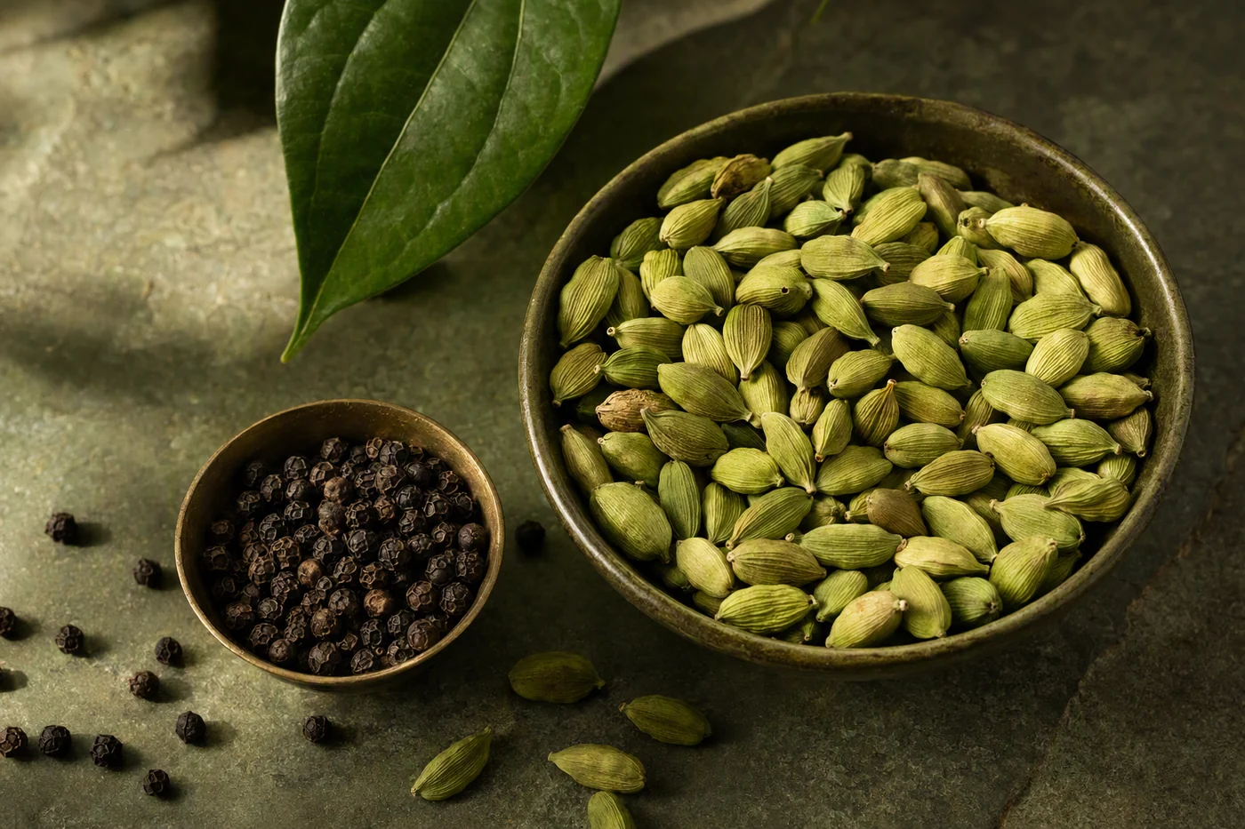 Whole green cardamom and black pepper, thoughtfully arranged in ceramic and brass bowls